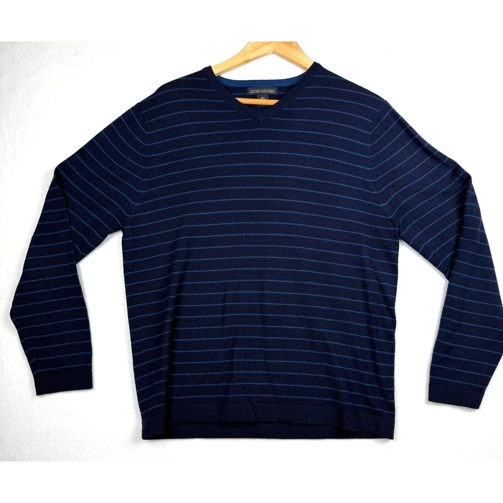 Banana Republic Sweater Crew Neck Merino Wool Blue Striped Men's L‎